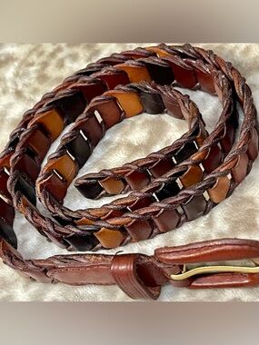 Vintage Braided Womens Belt Brown Small Leather 90s Skinny Bohemian Chic Retro
